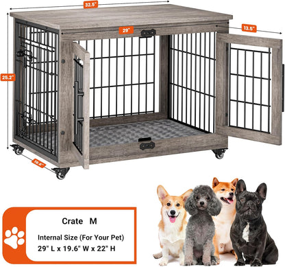 Dog Crate Furniture, Dog Kennel Indoor Double Doors Wooden Dog Cage, 38'' Heavy Duty Dog Crate with Cushion & Wheels, Decorative End Table Pet House Chew-Resistant for Large/Medium, Brown
