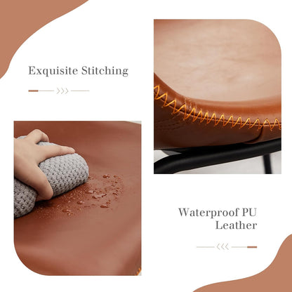 26 Inch Counter Height Bar Stools Set of 2, Modern Faux Leather High Barstools with Back and Metal Leg, Bar Chairs for Kitchen Island, Elegant Brown