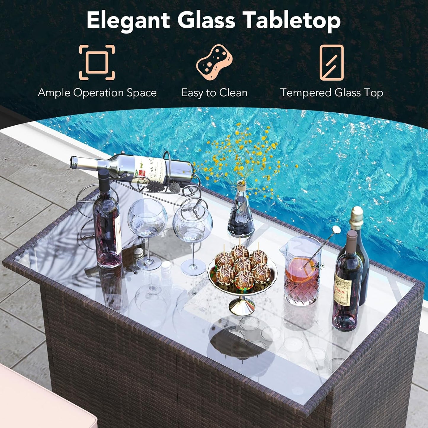 3 Piece Patio Bar Set, Outdoor Rattan Bar Table and 2 Stools with Tempered Glass Tabletop, 2-Tier Storage, Removable Cushions, outside Wicker Conversation Set