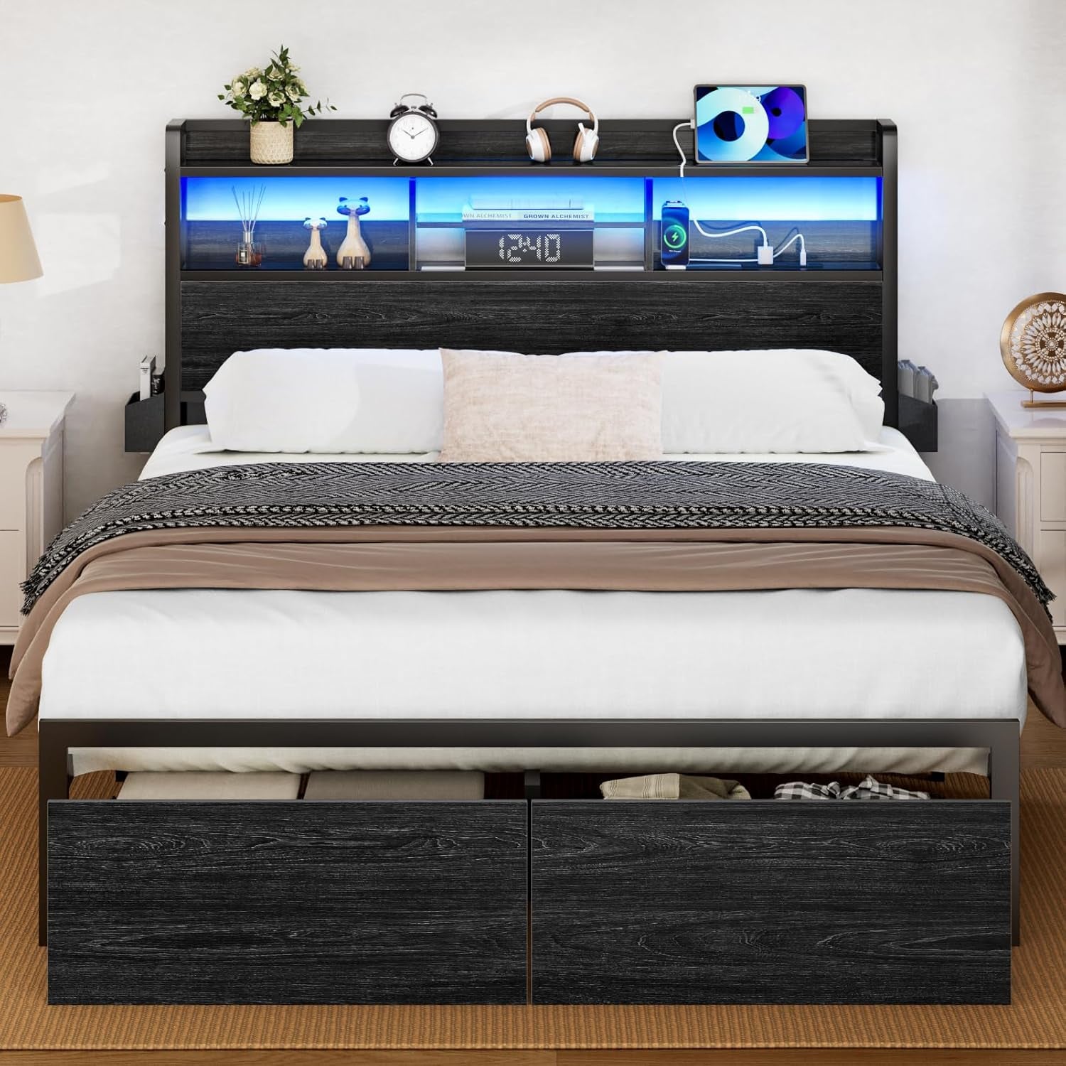 Full Size Bed Frame with Wood Headboard, Metal Platform Bed Frame Full Size with 2 Storage Drawers and Shelf, LED Lights and Charging Station, No Box Spring Needed, Noise Free, Black