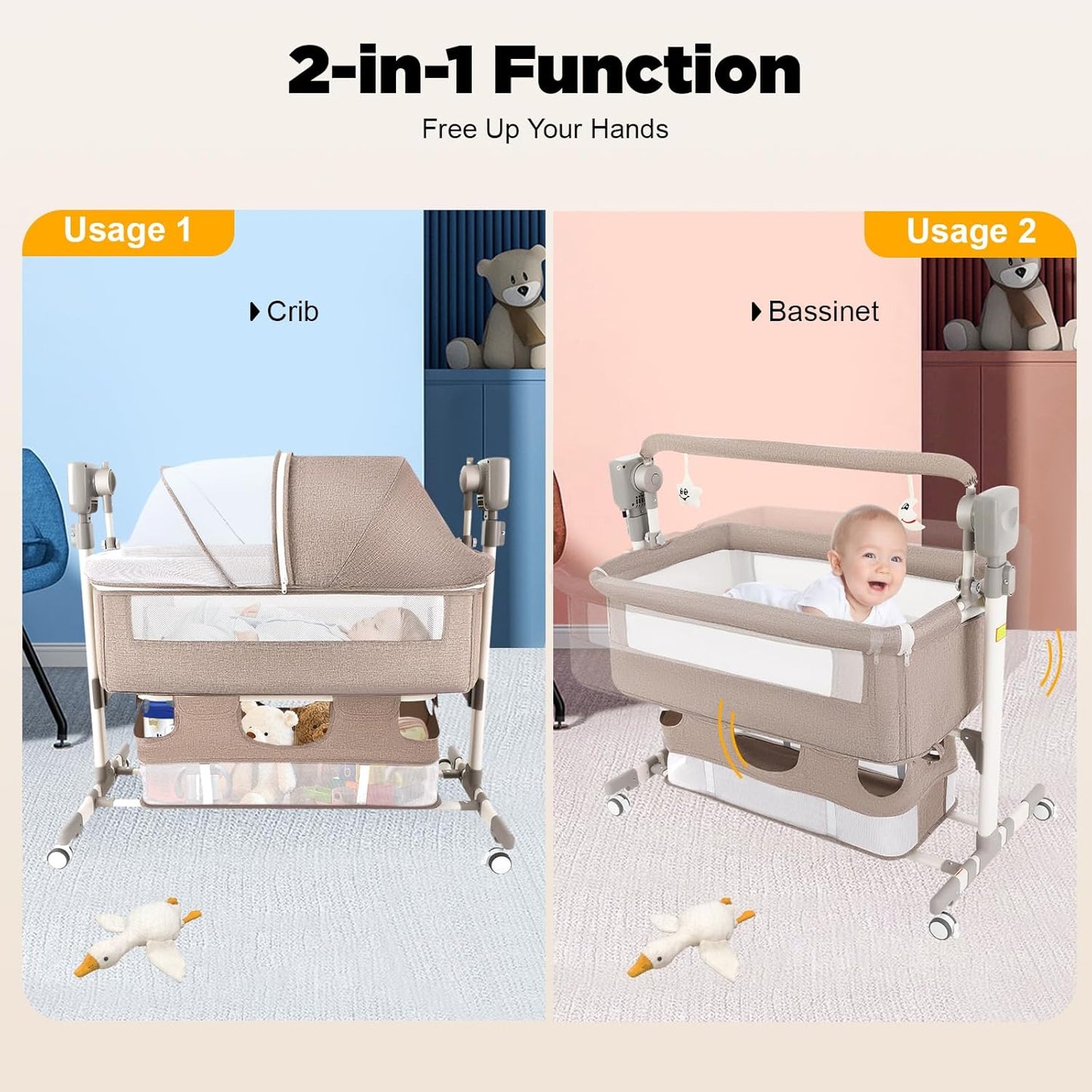 Smart Baby Bassinet Bedside Sleeper with Auto Rocking, 5 Swing Speeds & 3 Timer Settings, Bluetooth Music, Height Adjustable (18.1-19.7In), 44Lbs Capacity for Newborns 0-24 Months, Khaki