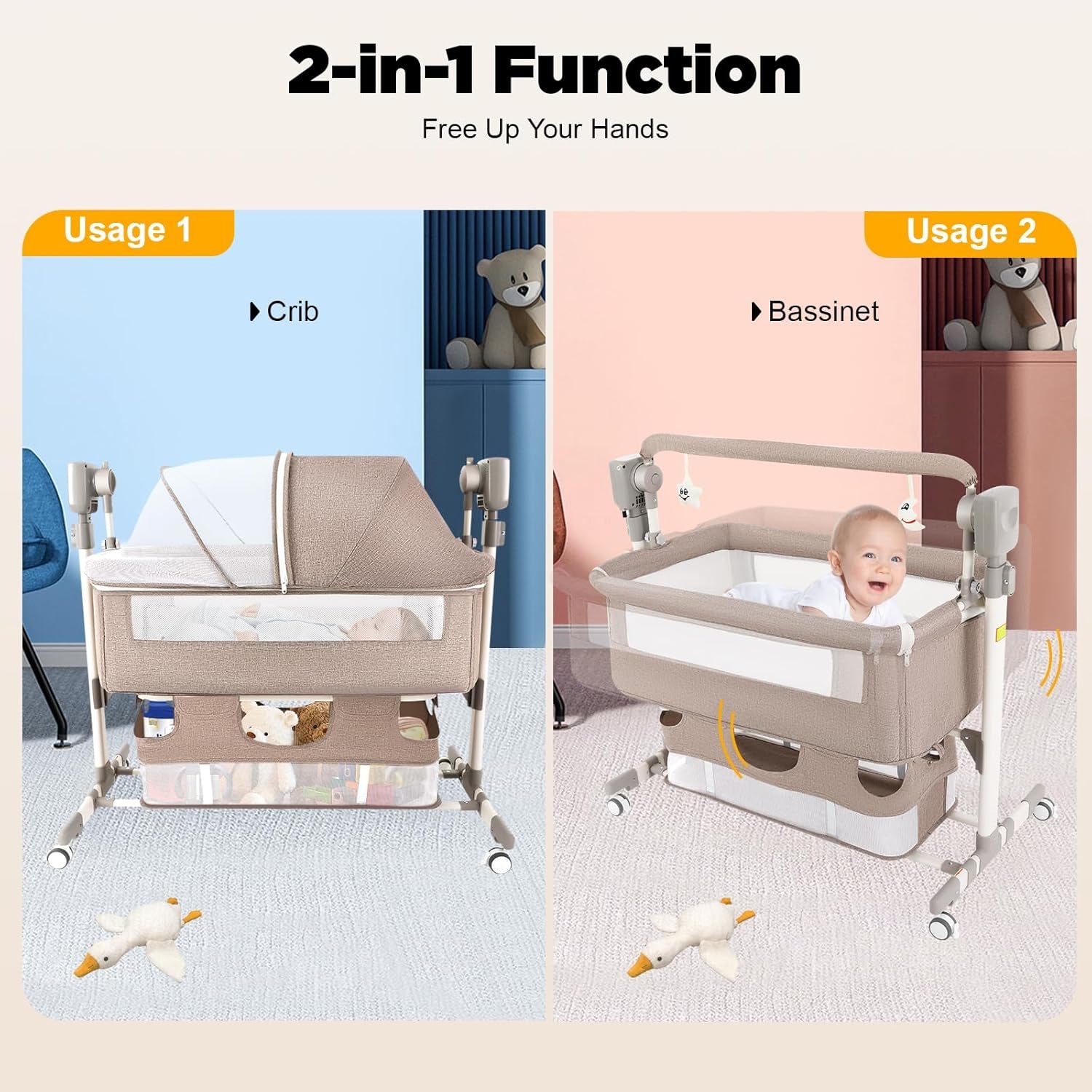 Smart Baby Bassinet Bedside Sleeper with Auto Rocking, 5 Swing Speeds & 3 Timer Settings, Bluetooth Music, Height Adjustable (18.1-19.7In), 44Lbs Capacity for Newborns 0-24 Months, Khaki