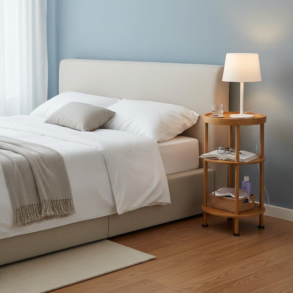 Bamboo Side Table, 3-Tier round End Table with Tray Top, Bathroom Storage Shelf & Plant Stand Indoor, Small Bedside Table Nightstand for Living Room, Bedroom-Brown