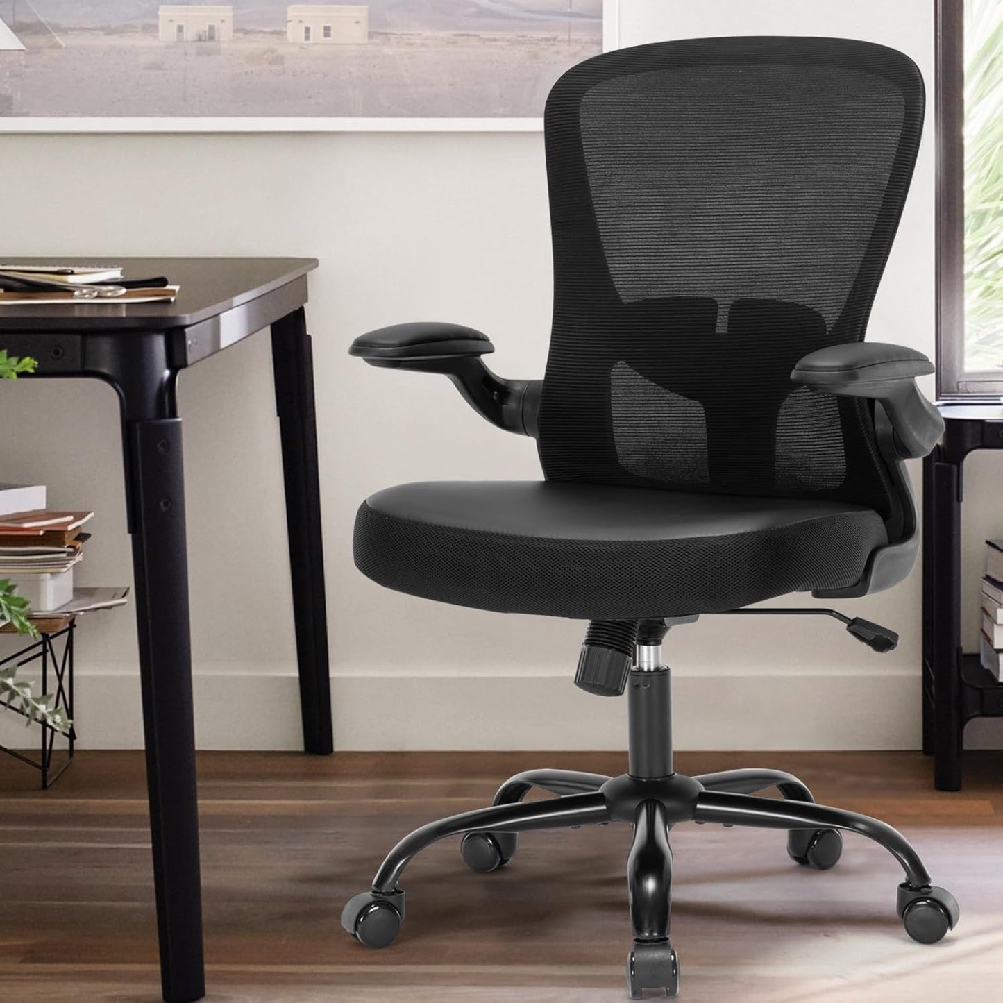 Office Chair, Ergonomic Desk Chair with Flip-Up Armrests, PU Leather Computer Chair Home Office Desk Chairs with Lumbar Support, Mesh Swivel Executive Chair Rolling Task Chair, Black
