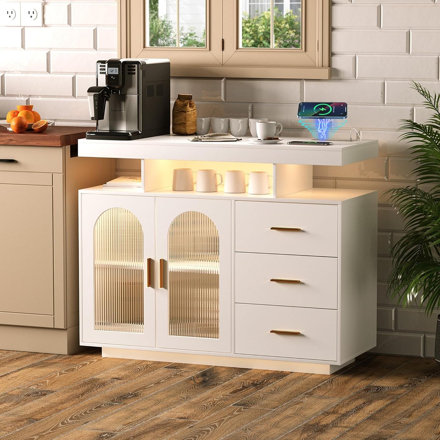 Sideboard Buffet Cabinet with Charging Station, Coffee Bar Table with RGB LED Light, Auto-Sensor Design, Bar Cabinet with Storage with 3 Drawers and 2 Doors for Kitchen, Dinning(White)