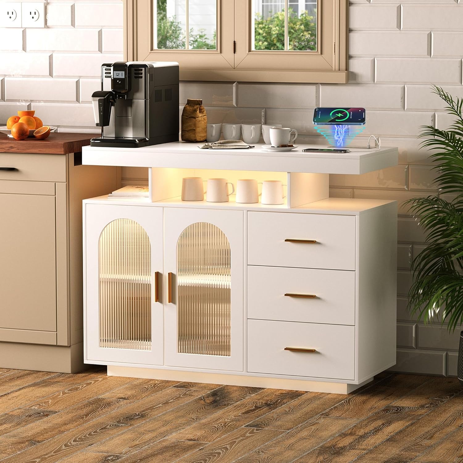Sideboard Buffet Cabinet with Charging Station, Coffee Bar Table with RGB LED Light, Auto-Sensor Design, Bar Cabinet with Storage with 3 Drawers and 2 Doors for Kitchen, Dinning(White)