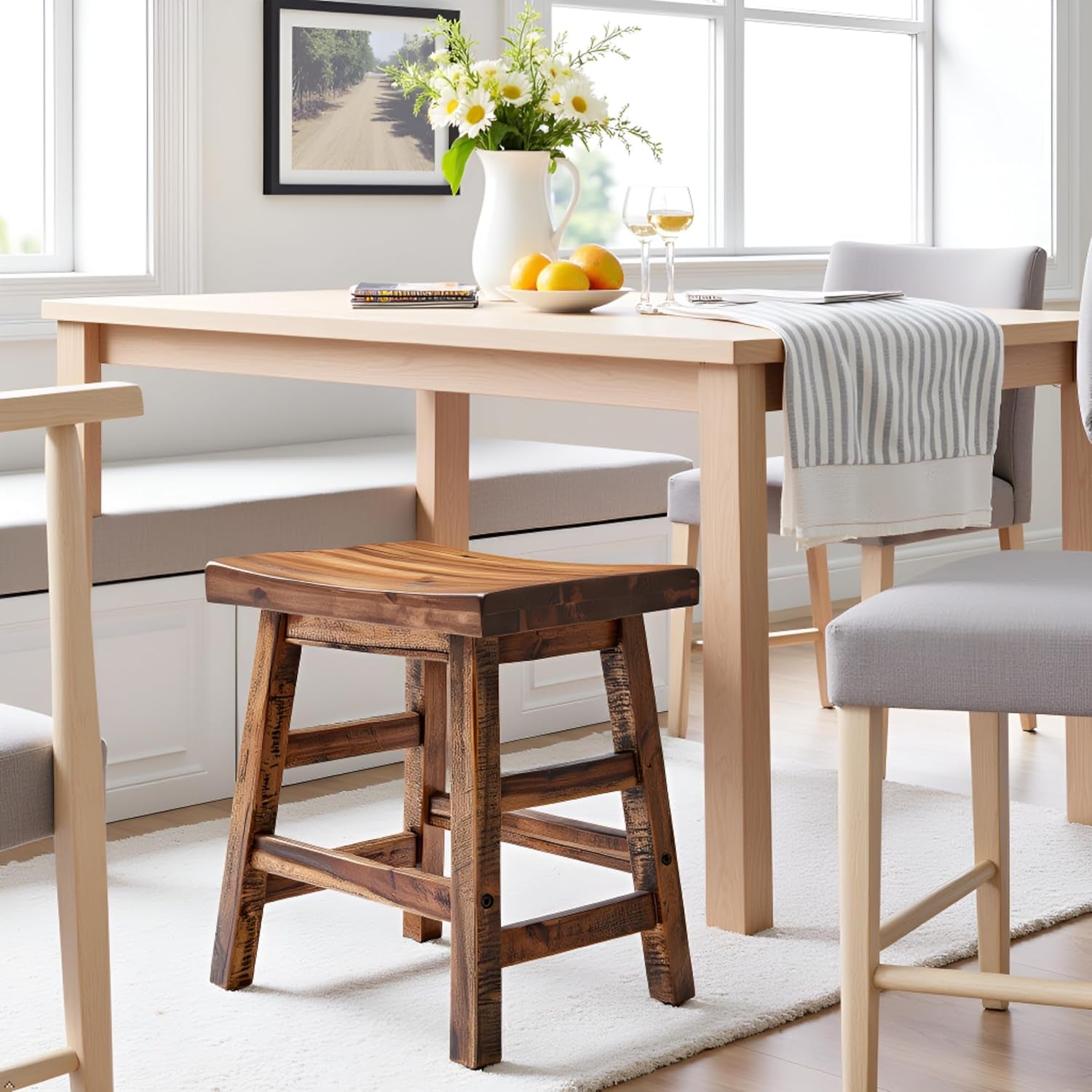 Durango 20-Inch Tall Industrial Wood Dining Stool - Table or Extra Seat - Unique Rustic Industrial Style and Comfort - Farmhouse, Solid Wood Furniture