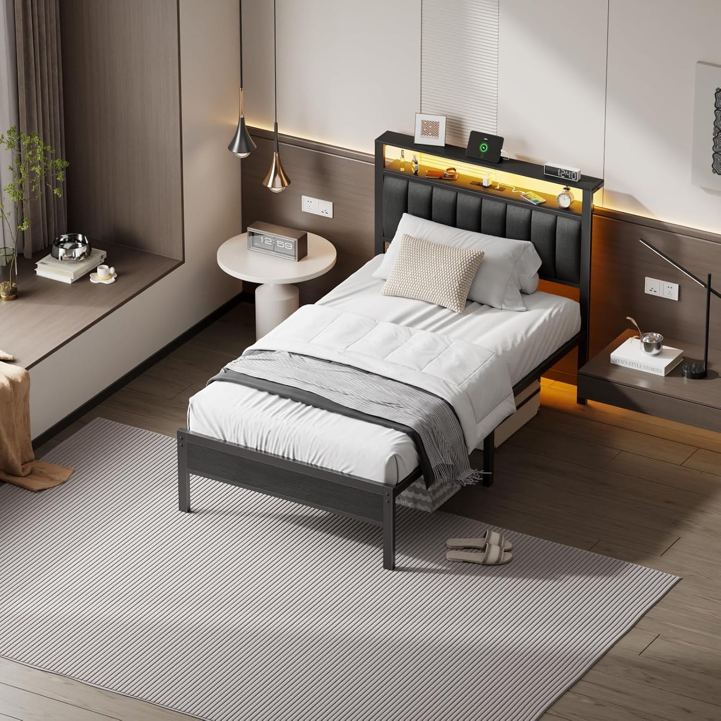 Twin Size Bed Frame with Charging Station and LED Lights, Platform Bed with Metal Slats, Grey Upholstered Headboard with 2-Tier Storage Shelves, No Box Spring Needed