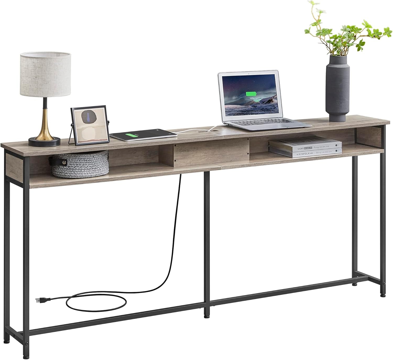 55.1-Inch Console Table with Outlet and Shelves, Sofa Table with Charging Station, behind Couch Table Skinny, Entryway Table for Hallway, Living Room, Charcoal Gray and Ink Black ULNT120B22