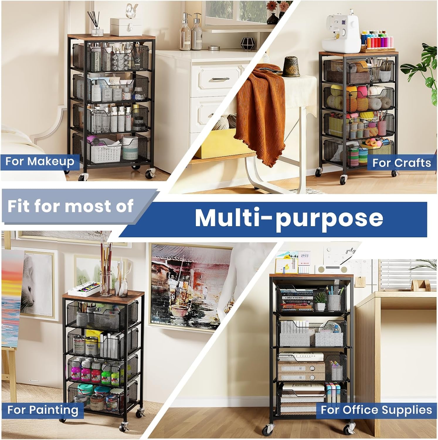 Kitchen Cart with Drawers, 4 Tier Metal Rolling Utility Cart Organizer on Lockable Wheels with Wooden Top, Black Fruit Vegetable Storage Rack Also for Cans, Snack, Craft, Art, Office, Beauty