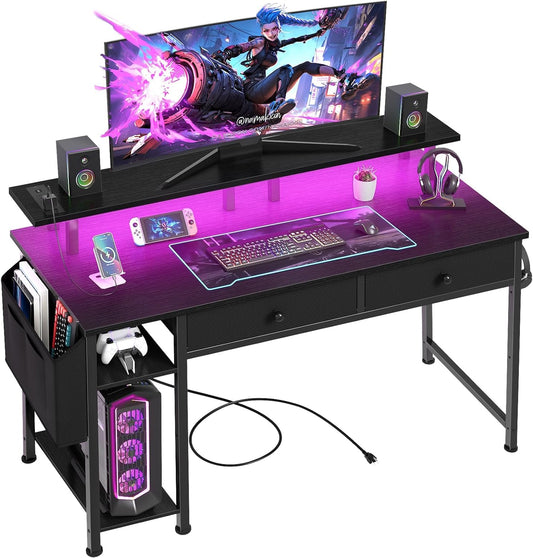 Black Gaming Desk with Shelves and Drawers - 39 Inch Small Gaming Desk with Storage Shelves for Boys Teens Bedroom, Black Computer Desks with Drawers, Monitor Stand, Power Outlet