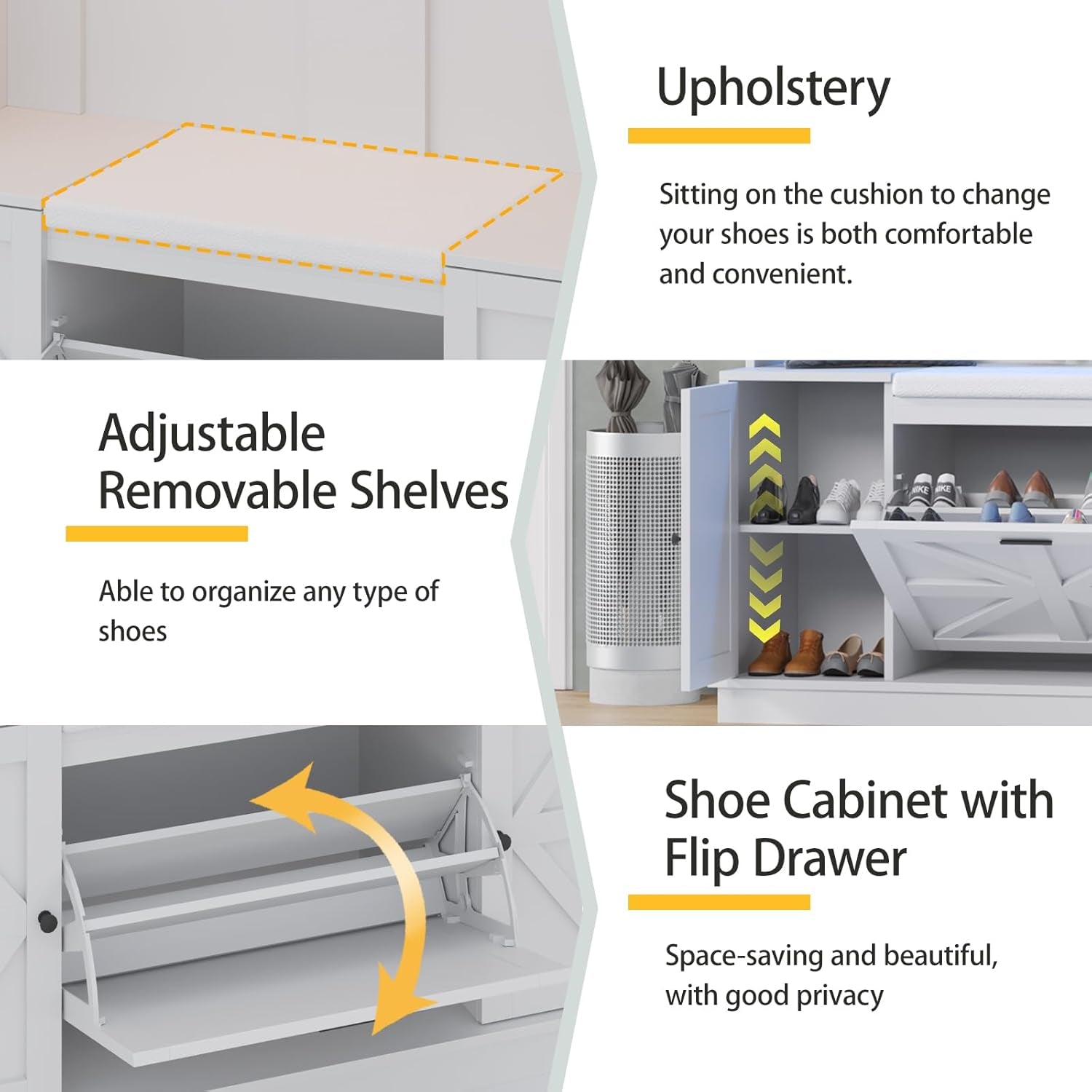 Hall Tree with Bench and Shoe Storage, Coat Rack with Shoe Bench, 6 Shoe Cubbies, 4 Coat Hooks, LED Lights, Entryway Hall Tree, Wood Coat Tree with Soft Cushion for Hallway, Mudroom