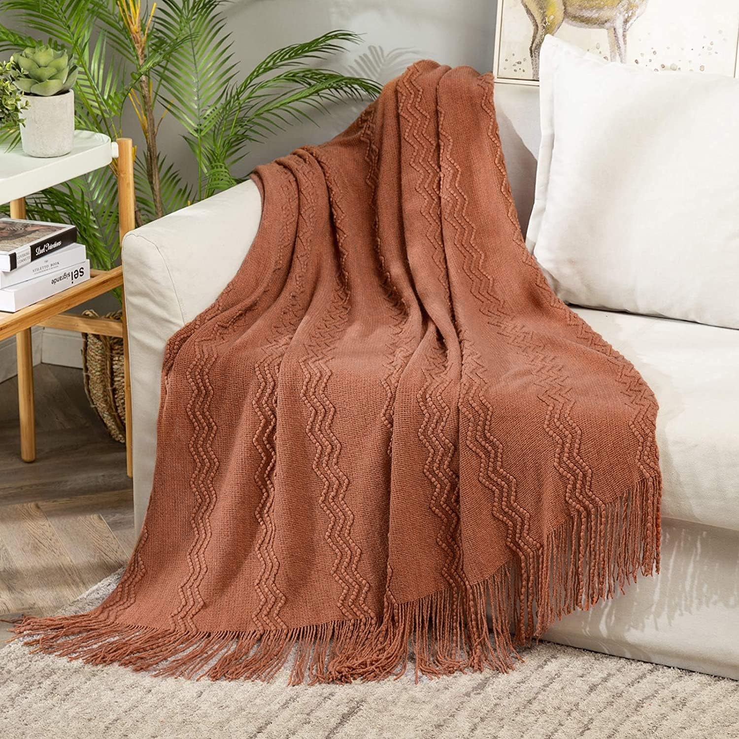 Knitted Boho Throw Blanket for Couch Textured Knit Terracotta Rust Blanket with Tassels Cozy Woven Farmhouse Blanket for Sofa Bed Chair Wave Pattern Fall Decor 50"X60", Orange