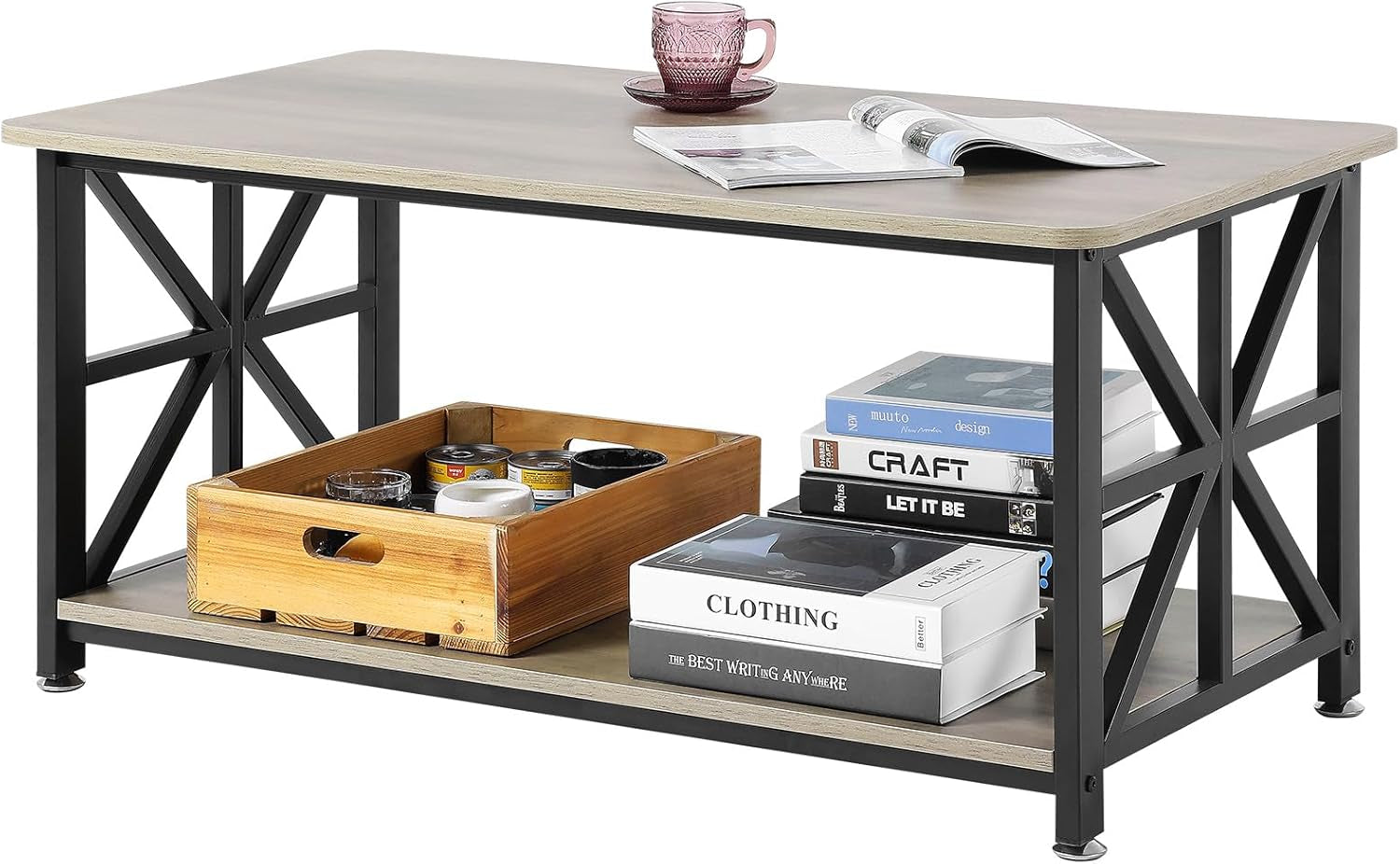 40" Farmhouse Coffee Table, Rectangle Coffee Table with Open Storage Compartment, Wooden Rustic Cocktail Table for Living Room, Bedroom, Apartment, Studio, Brown & Black