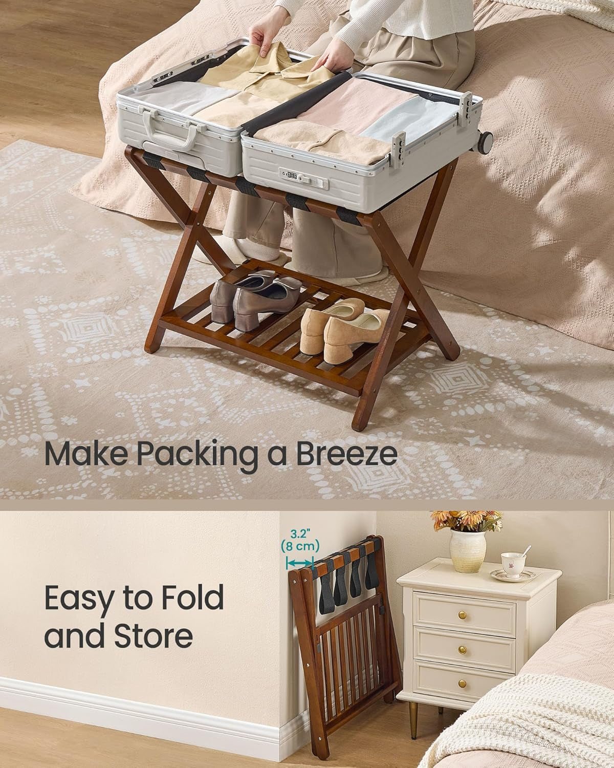 Solid Wood Luggage Rack, No Assembly Required, Foldable Suitcase Stand, Luggage Holder, with Storage Shelf, for Guest Room, Hotel, Bedroom, Coffee Brown URLR020K02