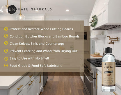 Mineral Oil for Wood Cutting Board, Butcher Block, and Knife. Food Grade Mineral Oil for Wooden Cutting Board & Utensils (16Oz, Food Safe)