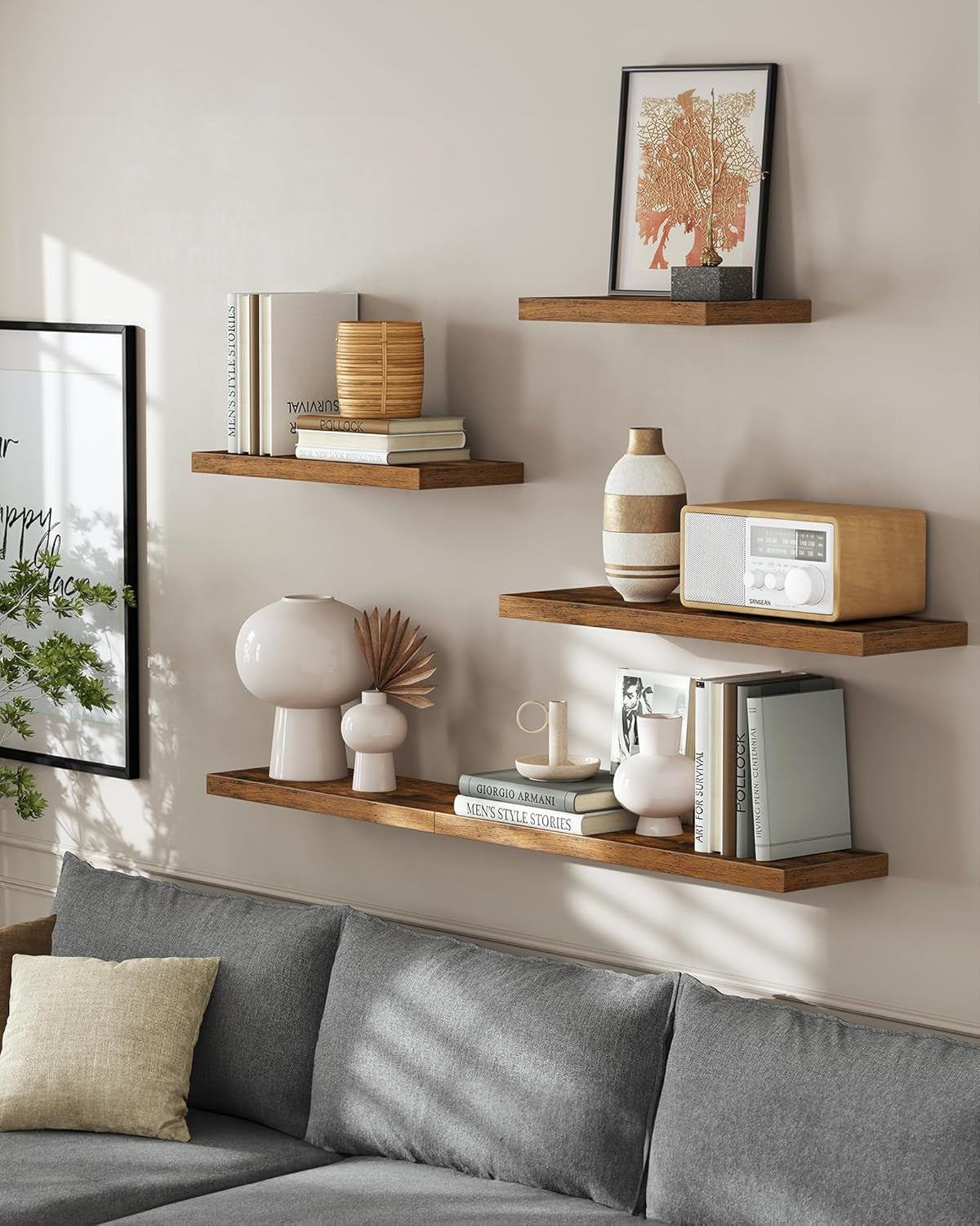 Wall Shelves Set of 2, Floating Shelves, Wall Mounted, 8 X 23.6 X 1.5 Inches, Display Shelves for Picture Frames, Wall Decor, Hanging Shelf for Living Room, Kitchen, Rustic Brown ULWS056B01