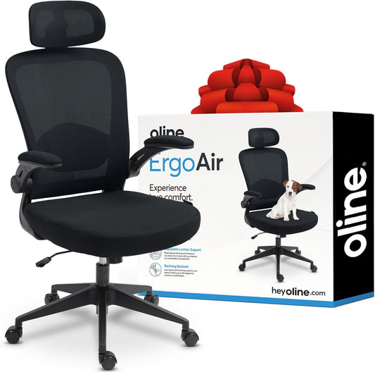 Ergoair Ergonomic Office Chair – Adjustable Lumbar Support, Flip-Up Armrests, Mesh Computer Desk Chair, Swivel Rolling Executive Gaming Chair for Home & Office (Black)