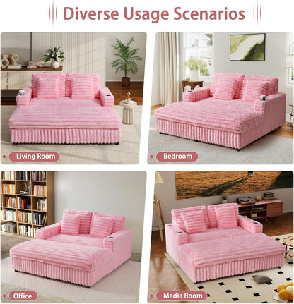 58'' Oversized Chaise Lounge Chair Indoor, Plush Faux Rabbit Fur Sleeper Sofa Bed with 4 Pillows, Charging Station & Cup Holders, Fluffy Comfy Cloud Couch Loveseat Sofa for Living Room,Pink