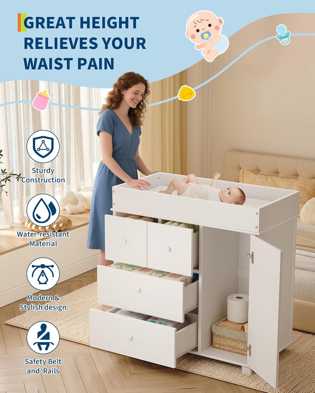 Baby Changing Table Dresser with 5 Drawers, Modern Nursery Dresser with an Open Storage Space, Diaper Changing Station for Bedroom, Kids Room, Baby Room, White