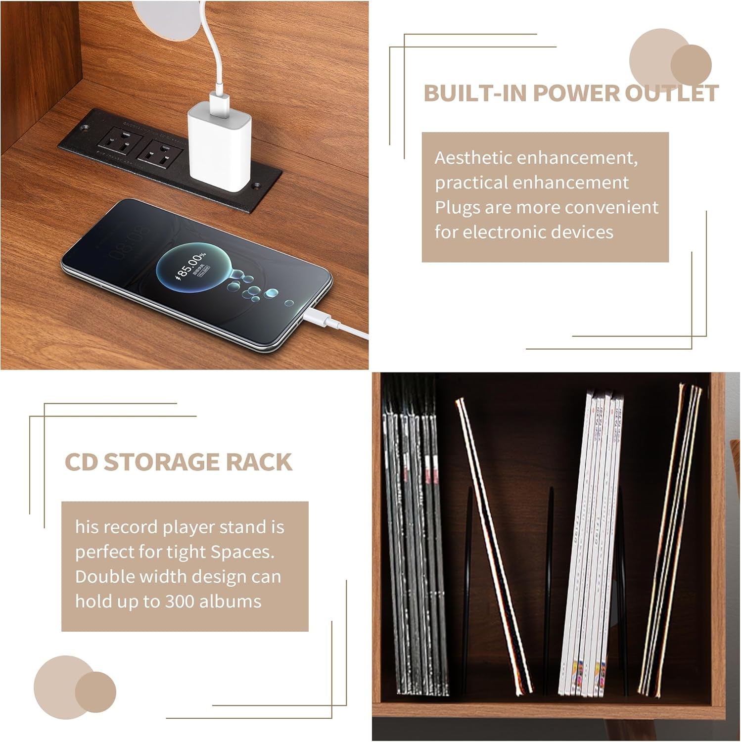 Record Player Stand with Charging Station & USB Ports, Mid-Century Turntable Stand Table Holds up to 300 Albums, Vinyl Record Storage Cabinet with Wood Legs for Living Room Office(Walnut)