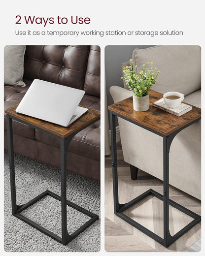 C-Shaped End Table, Side Table for Sofa, Couch Table with Metal Frame, Small TV Tray Table for Living Room, Bedroom, Rustic Brown and Black