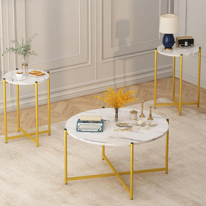 Coffee Table Set of 3,Modern Faux Marble Top with Golden Frame,1 Coffee Table & 2 Accent Table, Living Room Table Set, for Apartment,Office and so On,White & Gold (LCTR-W)