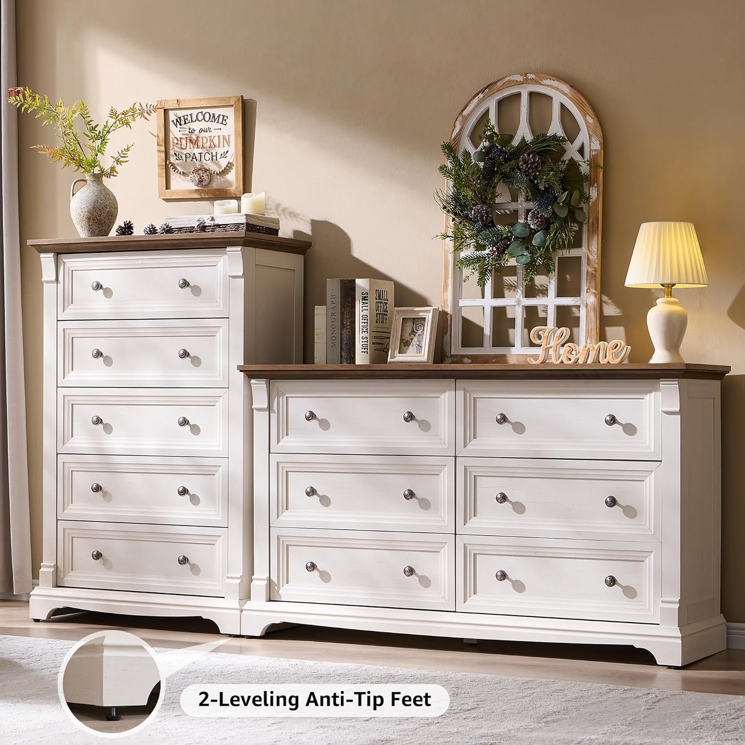 Farmhouse 6 Drawers Dresser for Bedroom, 54" Wide Large Dressers & Chests of Drawers W/Roman Column, Wooden Dresser TV Stand with Large Drawers for Nursery Bedroom Living Room Hallway, Antique White