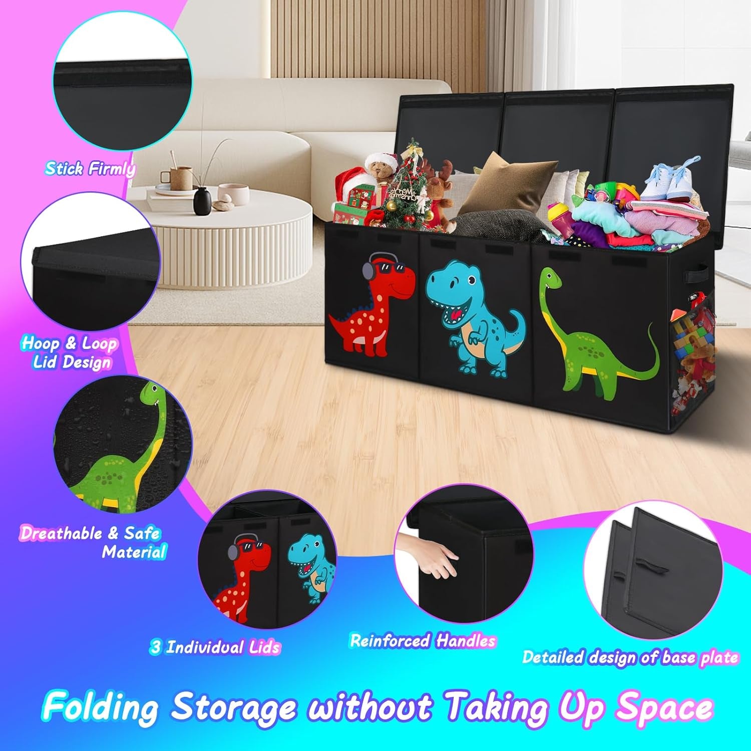 Extra Large Toy Box Chest, Collapsible Storage Organizer with Lids, Sturdy Dinosaur Toybox for Boys Girls, 40"X16"X16" Kids Storage Bin Box Baskets for Living Room, Playroom, Bedroom, Nursery