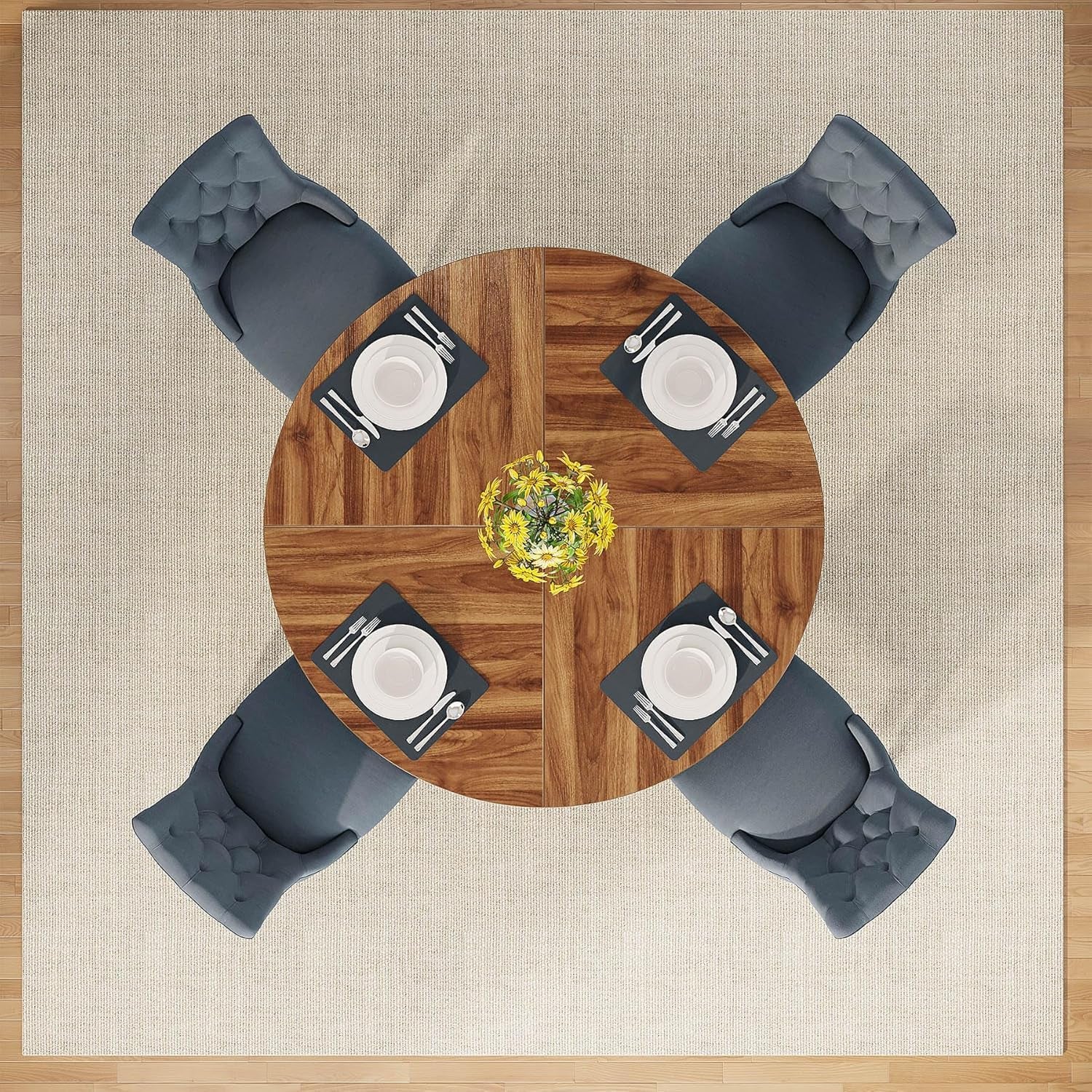 47" Dining Table Farmhouse round Kitchen Table for 4, Rustic Brown Wood Dinner Table with Cross Base for Living Room Dining Room