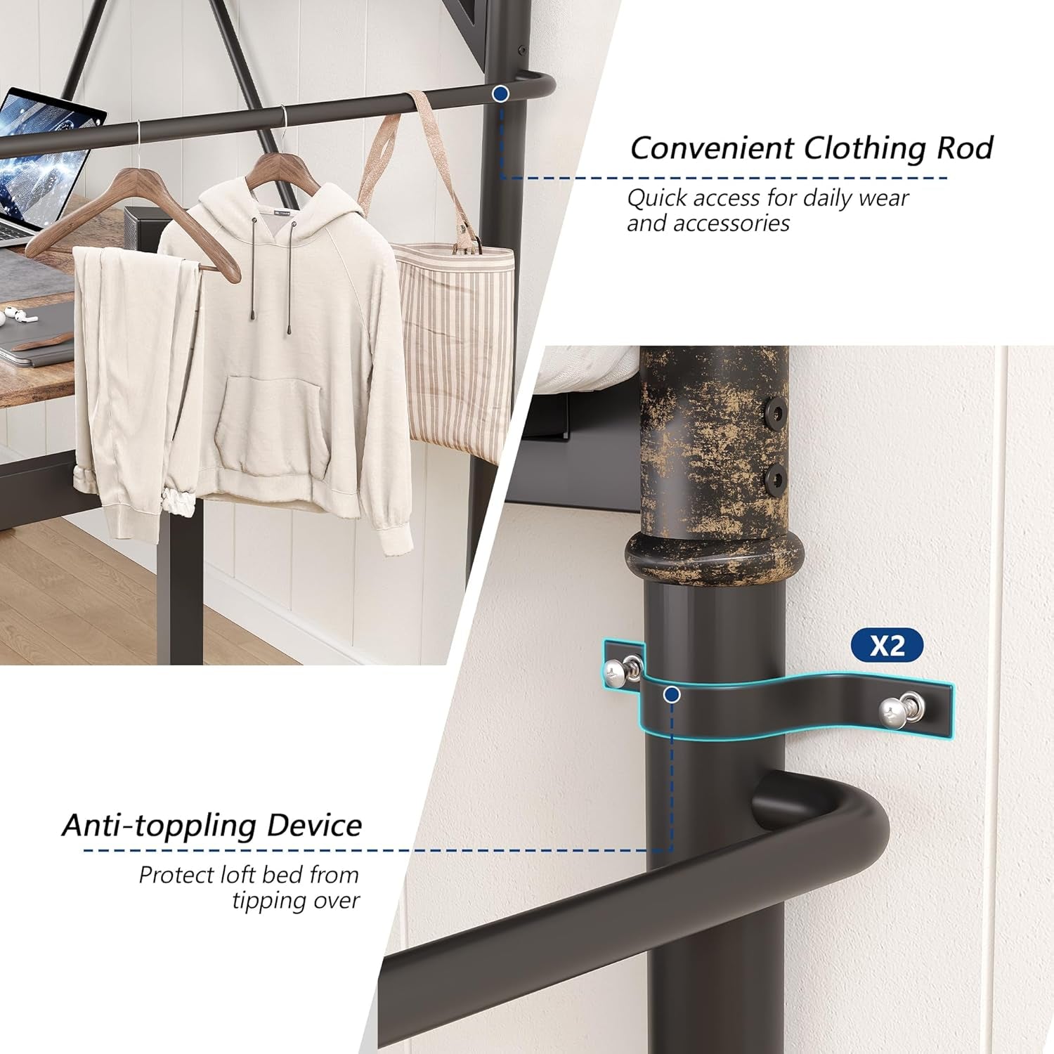 Twin Size Loft Bed with LED Lights and Charging Station, Industrial Heavy Duty Metal Loft Bed Frame with Ladder and Guardrail for Kids Adults, Small Space Saving Design for Bedroom Dorm, Black