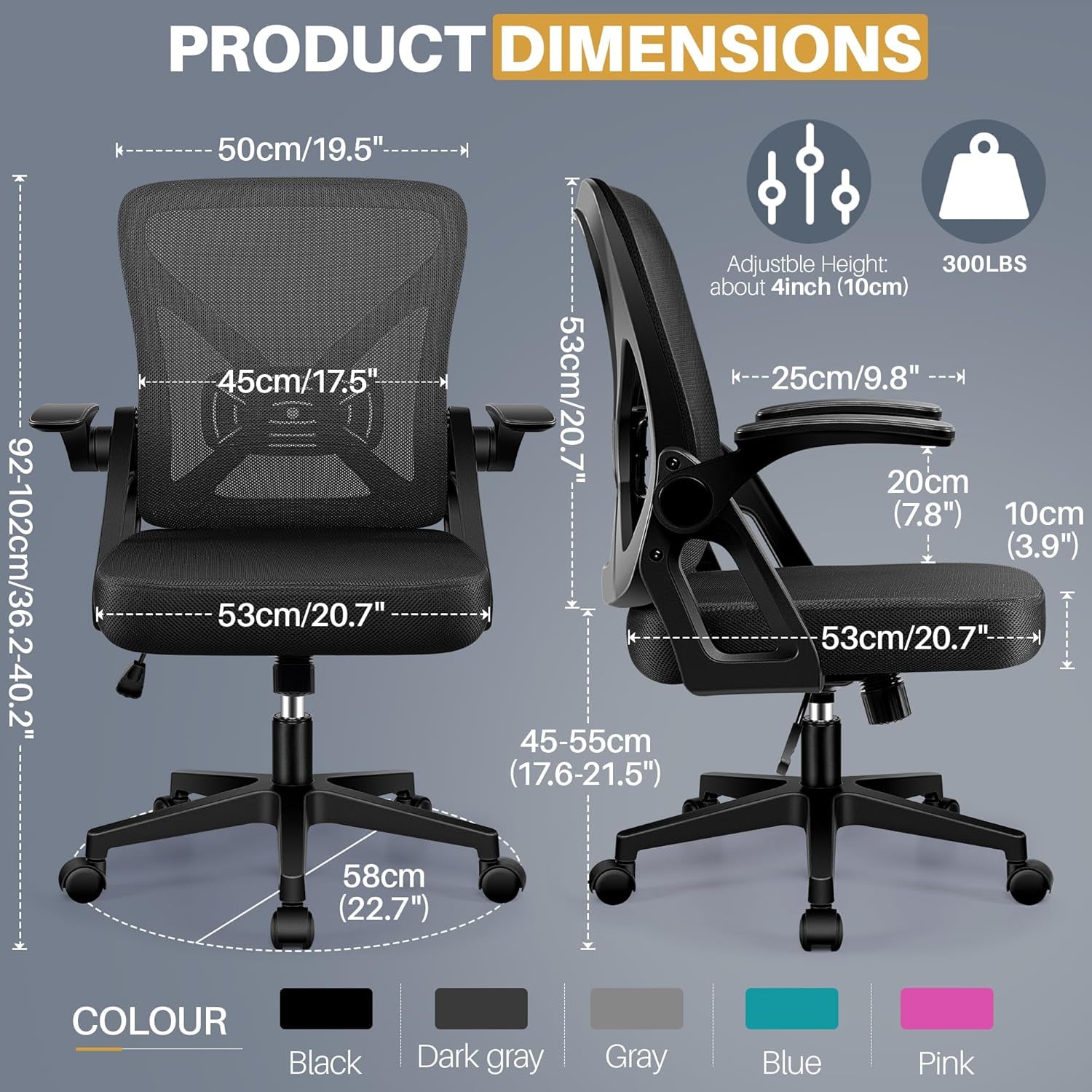 Office Chair - Ergonomic Desk Chair Breathable Mesh Task with Wheels and Lumbar Support Home Desk Office Chairs with Flip up Armrest Rolling Swivel for Home Computer Black