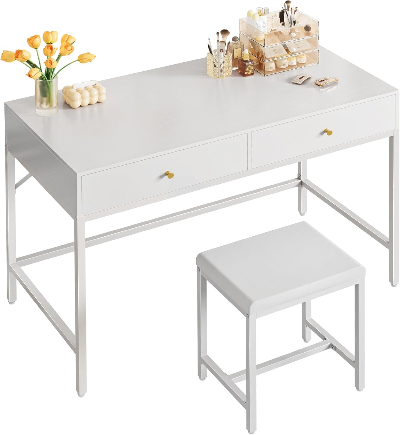 43-Inch White Desk with 2 Drawers and Padded Stool, Modern Makeup Vanity & Computer Desk with Storage for Home Office, Bedroom Study