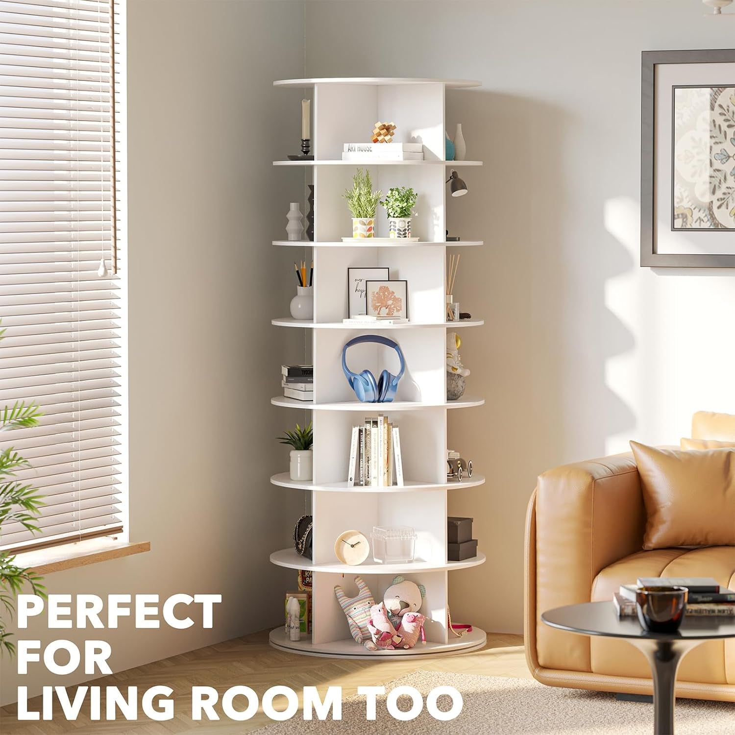 7 Tier Rotating Shoe Rack Tower, Spinning Shoe Display Lazy Susan, Revolving 360 Shoe Rack Storage round Carousel, Vertical Handbag Rotate Shoes Closet Organization (7-Tier White)