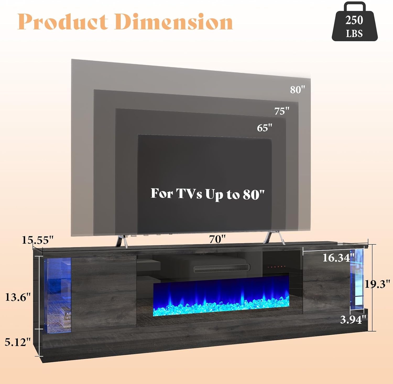 70" Glossy Oak Fireplace TV Stand with 36" Fireplace for Tvs up to 80", LED Lights Entertainment Center with Flip Doors & Corner Glass, Modern TV Console Table, Living Room, Black