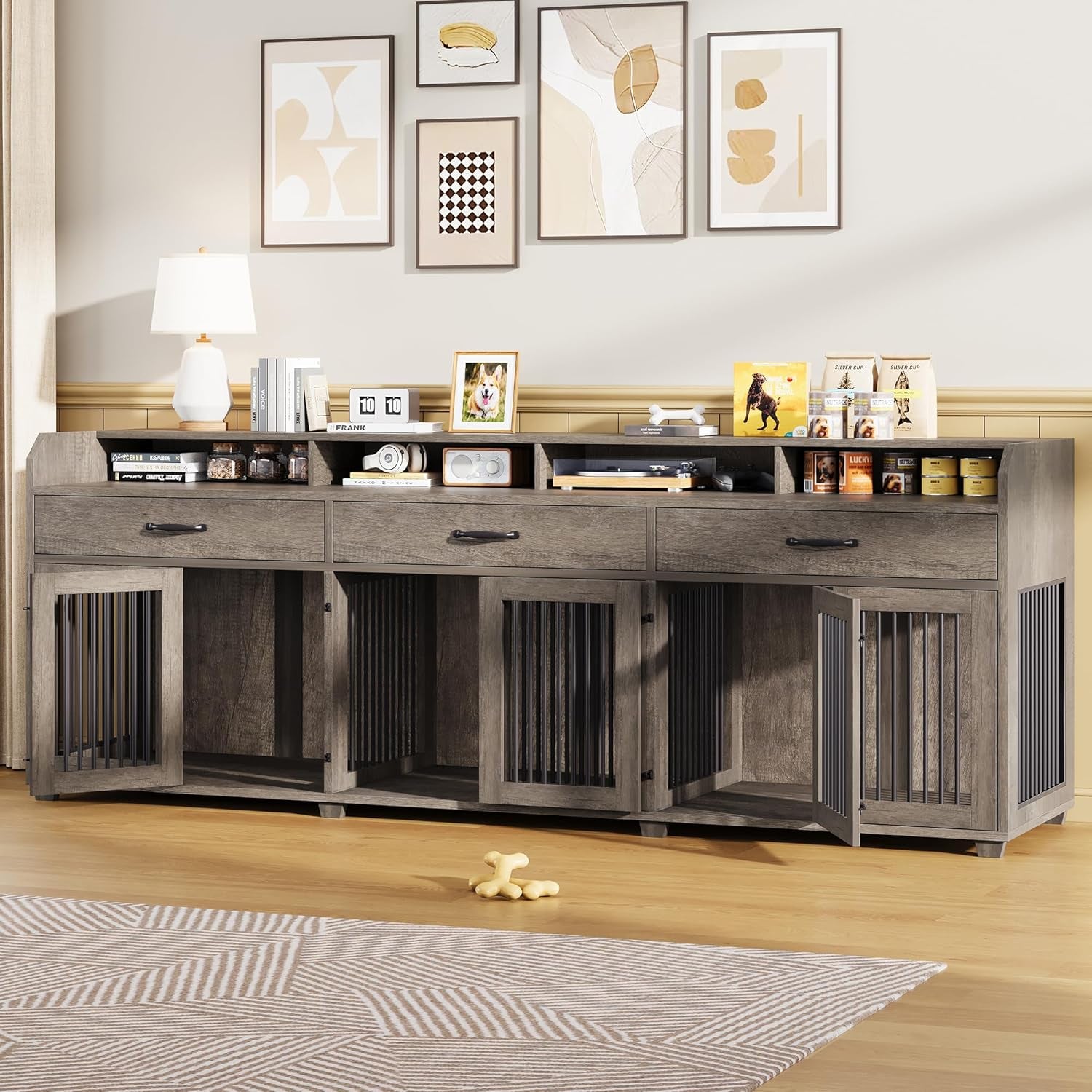 95" Large Dog Crate Furniture with Storage, 3-Room Indoor Wooden Dog Kennel for Large/Medium Dogs, TV Stand & Sideboard with Drawers & Removable Divider, Grey
