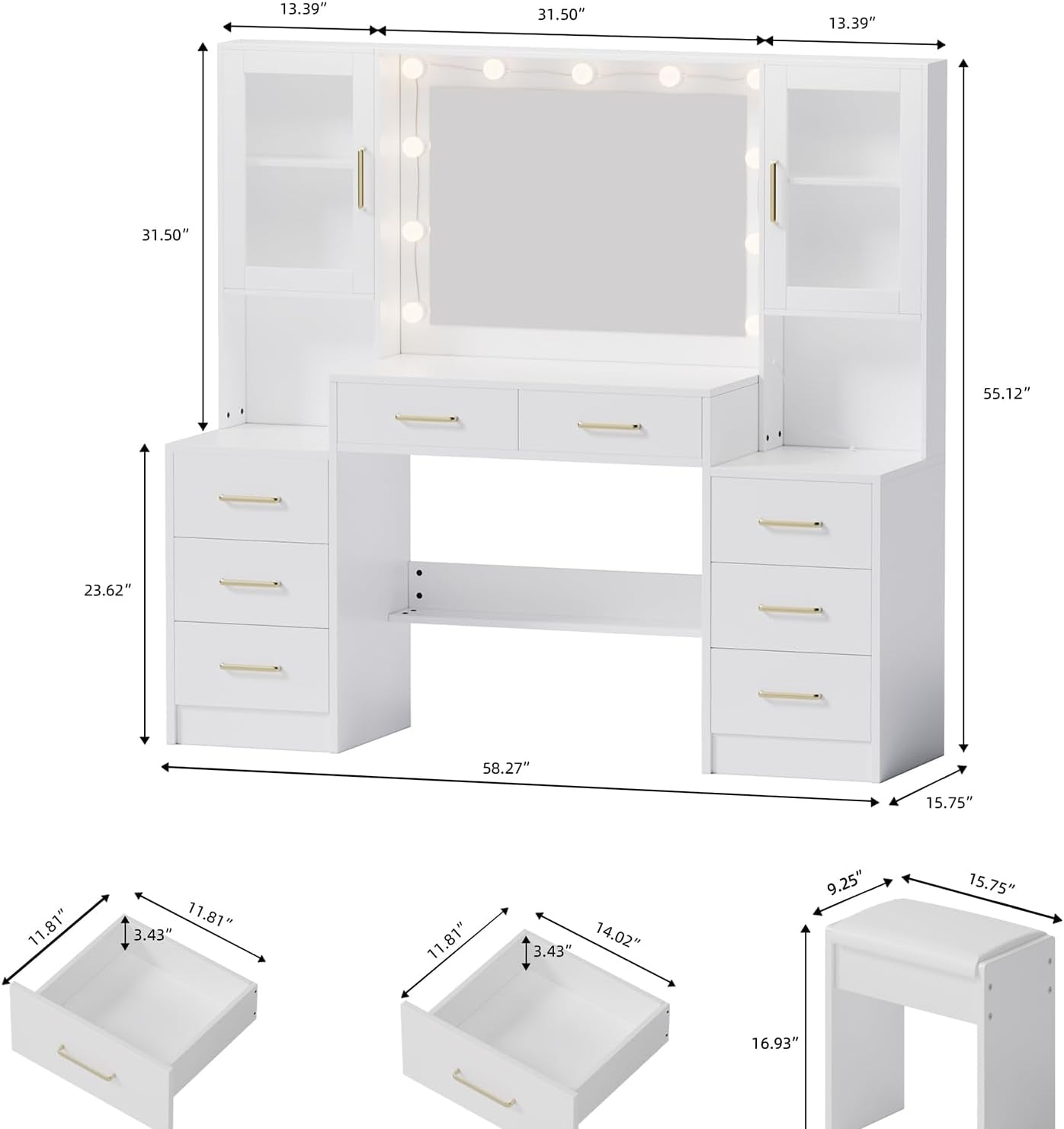 58.3" Large Vanity Desk with Mirror & Lights, Makeup Vanity with 10 LED Lights, 8 Metal Sliding Drawers & 2 Cabinets, White Vanity Set with Stool & Power Outlet 3 Lighting Modes Adjustable Brightness