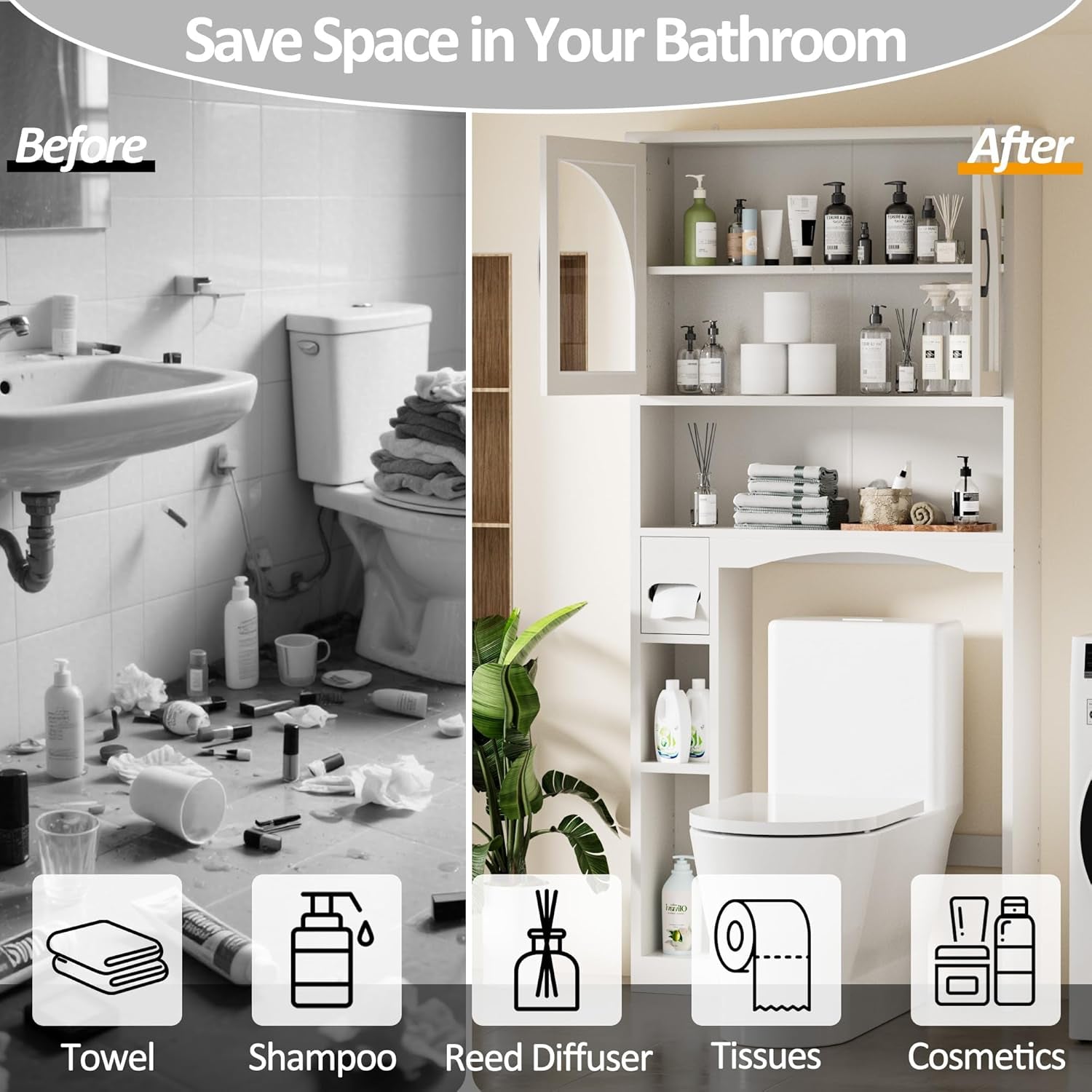 over the Toilet Storage Cabinet, over Toilet Bathroom Organizers with Adjustable Shelf and Glass Doors, Bathroom Space Saver above Washer with Anti-Tip Device, White