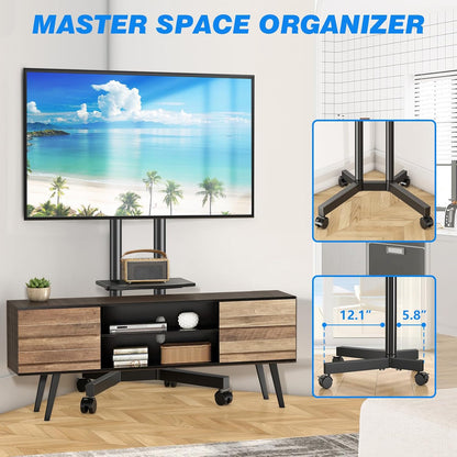 Rolling TV Stand with Laptop Shelf, Mobile TV Stand with Upgraded Wheels for 32-75 Inch Tvs, Height Adjustable Mobile TV Cart up to 88Lbs, Portable TV Mount Stand for Outdoor, Home, Office