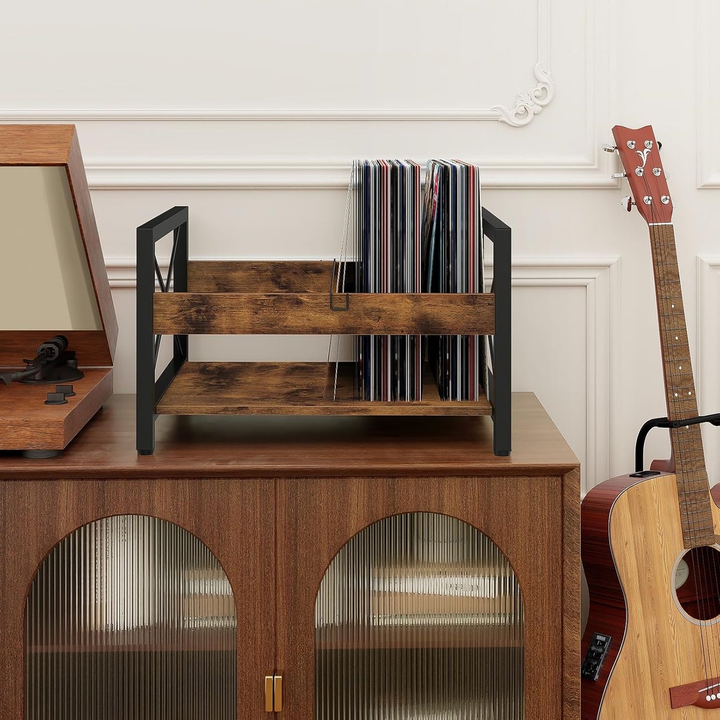 Vinyl Record Holder, Wooden Record Crate Fits 7” -12” Records, Vinyl Shelf Holds up to 50-100 Albums, Dvds, Cds or Files Wood Book Storage Stand Desktop Organizer Box, Rustic Brown