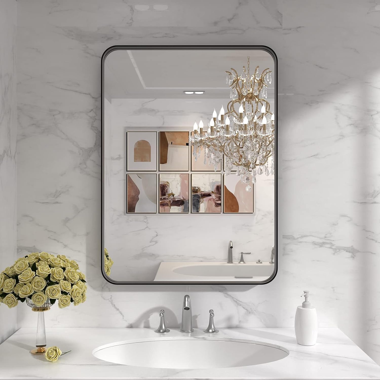 Black Metal Framed Bathroom Mirror for Wall, 22X30 Inch Rounded Rectangle Mirror, Matte Black Bathroom Vanity Mirror Farmhouse, Anti-Rust, Hangs Horizontally or Vertically