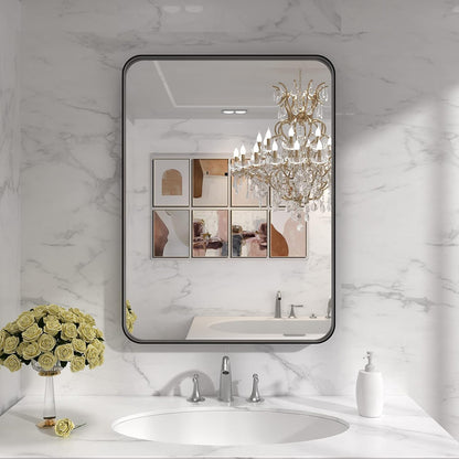 Black Metal Framed Bathroom Mirror for Wall, 22X30 Inch Rounded Rectangle Mirror, Matte Black Bathroom Vanity Mirror Farmhouse, Anti-Rust, Hangs Horizontally or Vertically