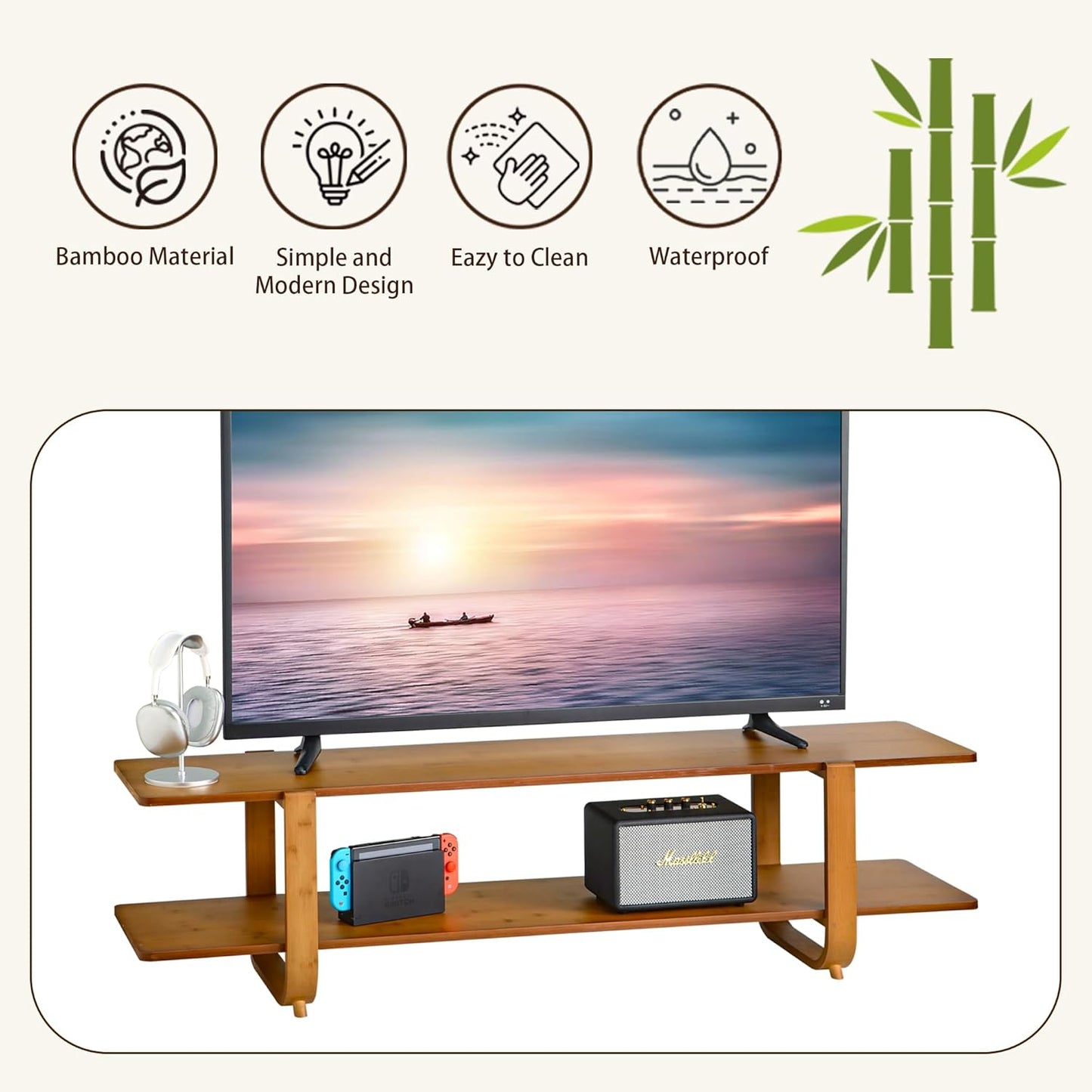 Bamboo TV Stand for Tvs up to 65", Media TV Console Table with Storage, Accent Entertainment Center with Shelf, Modern TV Stand for Living Room, Bedroom, 55"(L), Walnut