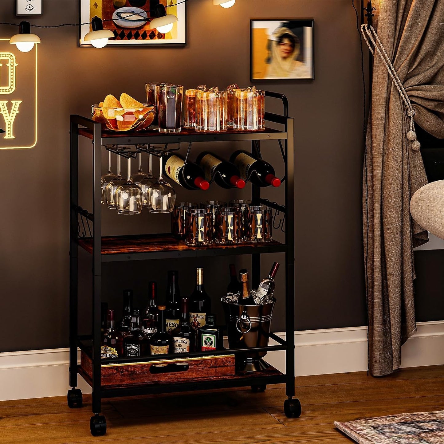 Home Bar Serving Cart, Serving Cart with Wheels and Handle, 3 Tier Rolling Kitchen Cart, Microwave Cart, Beverage Cart with Wine Holder and Glass Holders, for Dinning Room, Living Room, Kitchen