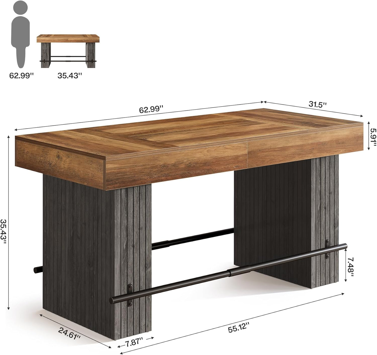 63 Inch Bar Table, Industrial Counter Height Pub Dining Table, Rectangular Home Bar Units with Metal Footrest for Home Kitchen, Dining Room, Bistro