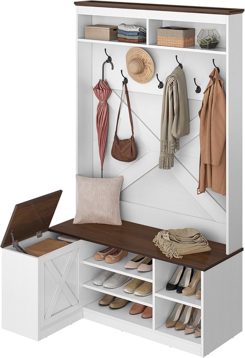 L-Shaped Hall Tree with Bench & Storage, Corner Entryway Organizer with 5 Shoe Shelves, Hidden Seat Compartment, Hooks & Open Top Storage for Living Room & Hallway, Walnut & Off-White
