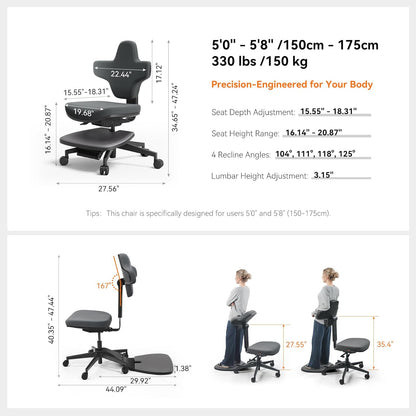 Standing Mate Chair, 5-In-1 Ergonomic Office Chair for Standing Desk, Sit Stand Lean Perch Saddle Stool with Flip Backrest & Dynamic Posture Support, Height Adjustable Active Chair