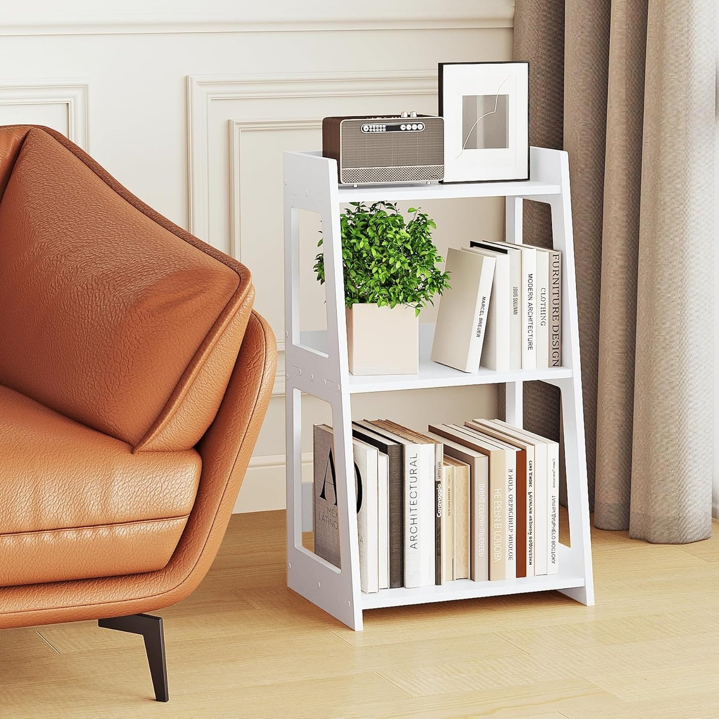 3-Tier Bathroom Ladder Shelf Freestanding, White Floor Shelves Open Shelving Unit, Small Bookshelf Nightstand for Home Study Laundry Room (11.8" D X 15.7" W X 27.6" H)