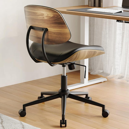 Armless Office Chair with Wheels, PU Leather Adjustable Height Desk Chair - 360° Swivel Ergonomic Computer Chair for Small Space, Modern Walnut Style, Home & Meeting Room, Black