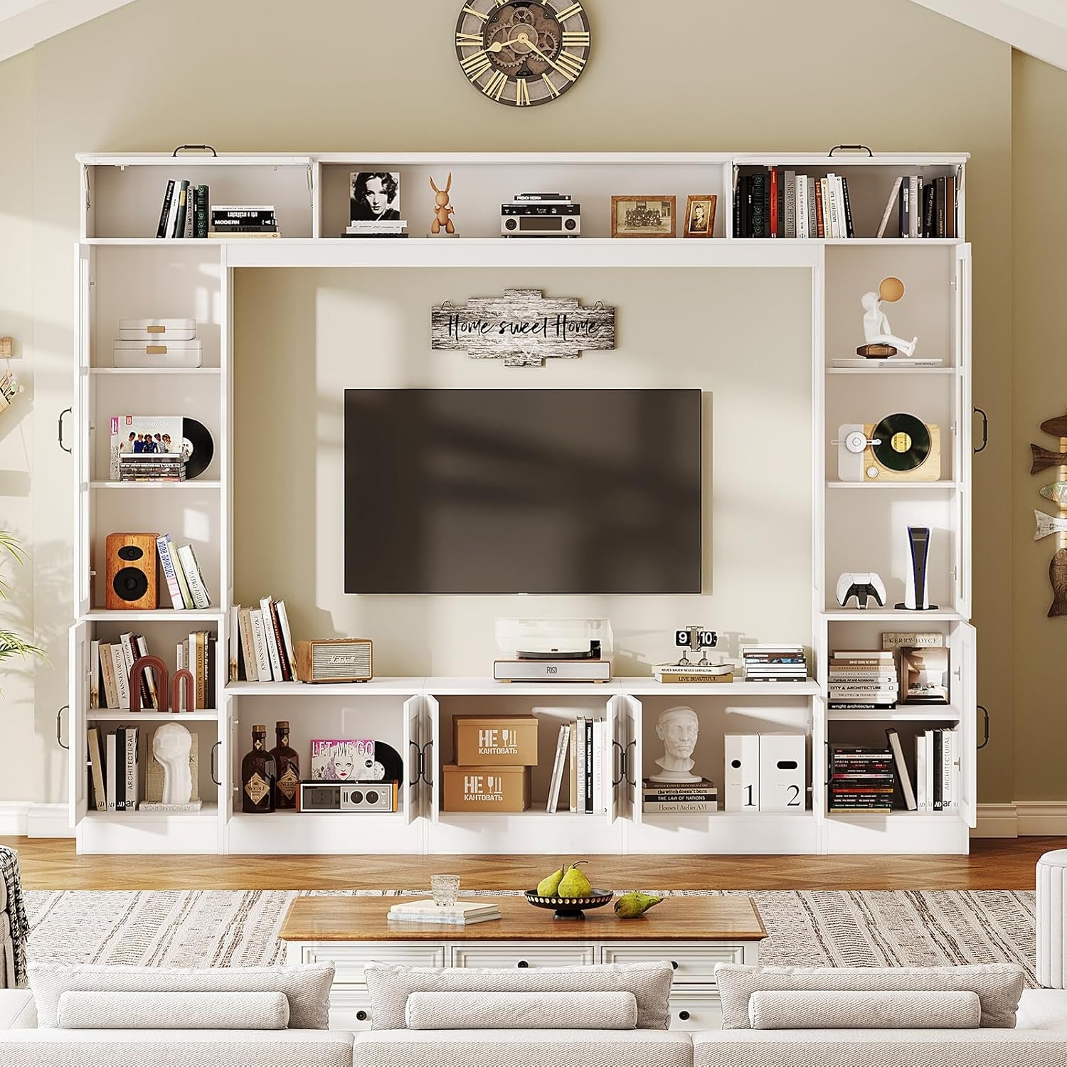 98" W Wall Unit TV Stand with Storage for Tvs up to 80", Modern TV Console with LED Lights, Entertainment Center with Bookshelves for Living Room, White